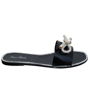 Lauren Lorraine Breeze Black Silver Gold Rhinestone Bow Jelly Slide Sandal  9